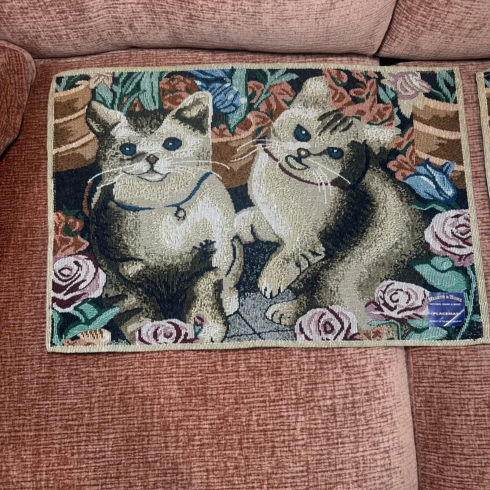 Vintage‎ Hearth & Home Tapestry Placemats Kittens Roses Set of 2 Nidico